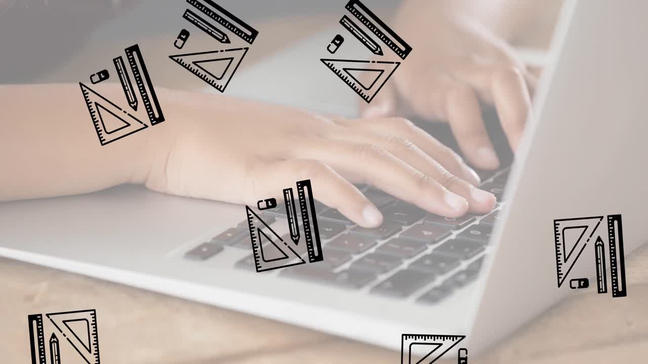 여러 기하학 장비 아이콘이 학교에서 노트북을 사용하는 학생의 중간 섹션에 떨어지고 있습니다.