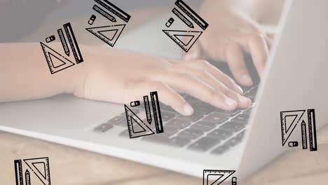 múltiples iconos de equipos geométricos que caen contra la sección media del estudiante que usa una computadora portátil en la escuela