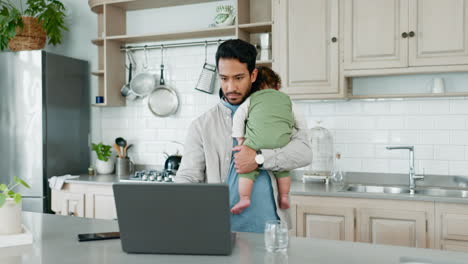 portátil, trabajo remoto y padre con bebé