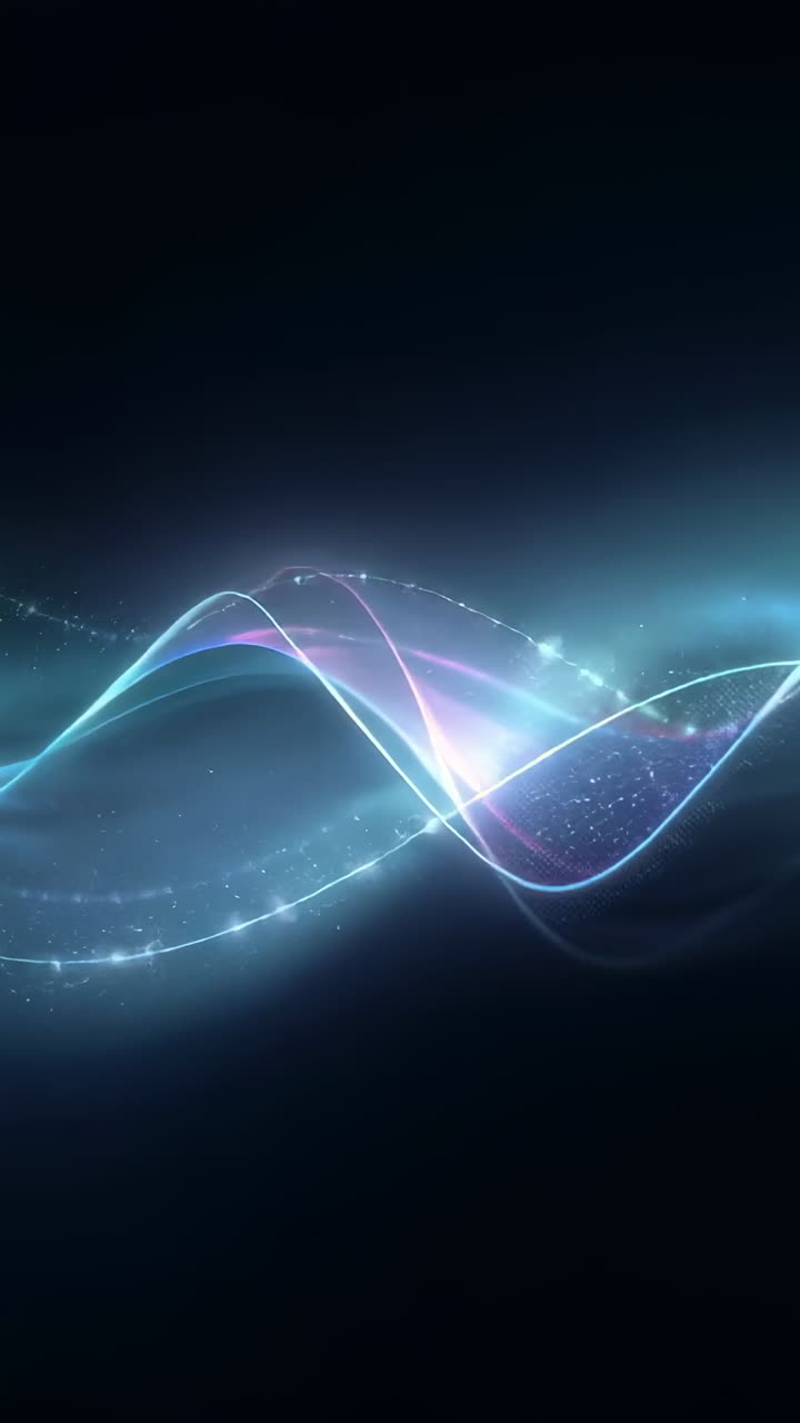 Vertical video: Animating glowing cyan ribbons waving across gradient for audio, with sparkle trail