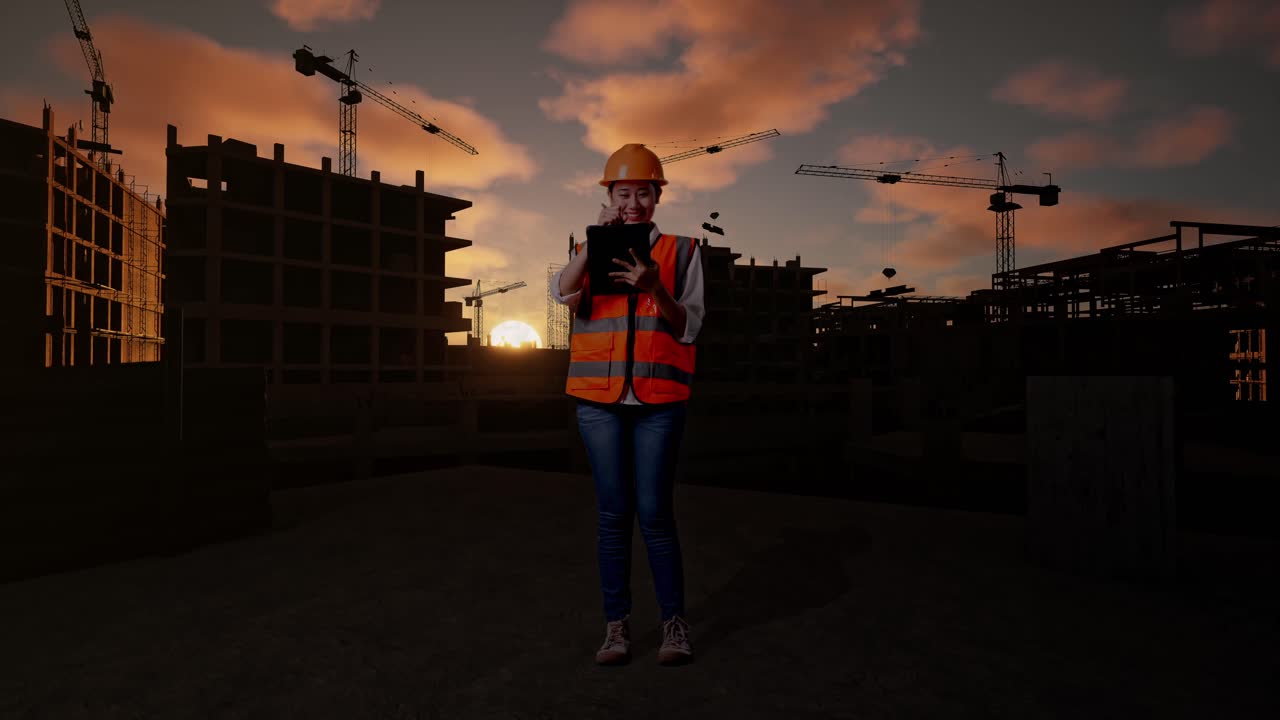 Full Body Of Asian Female Engineer With Safety Helmet Taking Note On The Tablet And Looking Around While Standing At Construction Site in Progress to New House