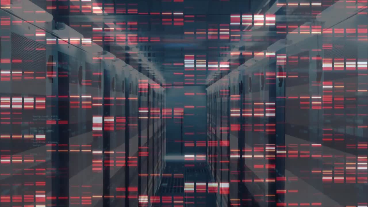 animación de cuadrados de mosaico y senderos de luz contra la sala de servidores de computadora