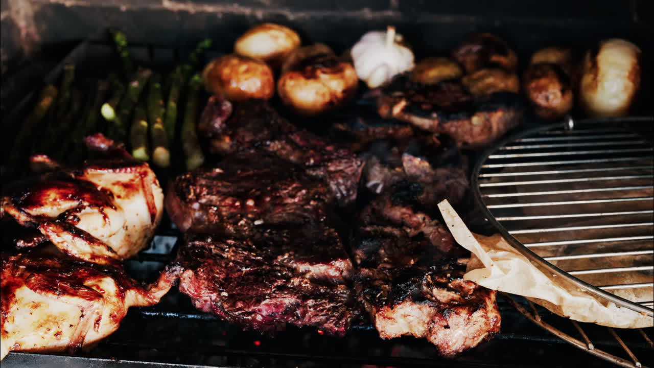 Close up of meats cooking on a grill alongside golden potatoes, asparagus, and garlic