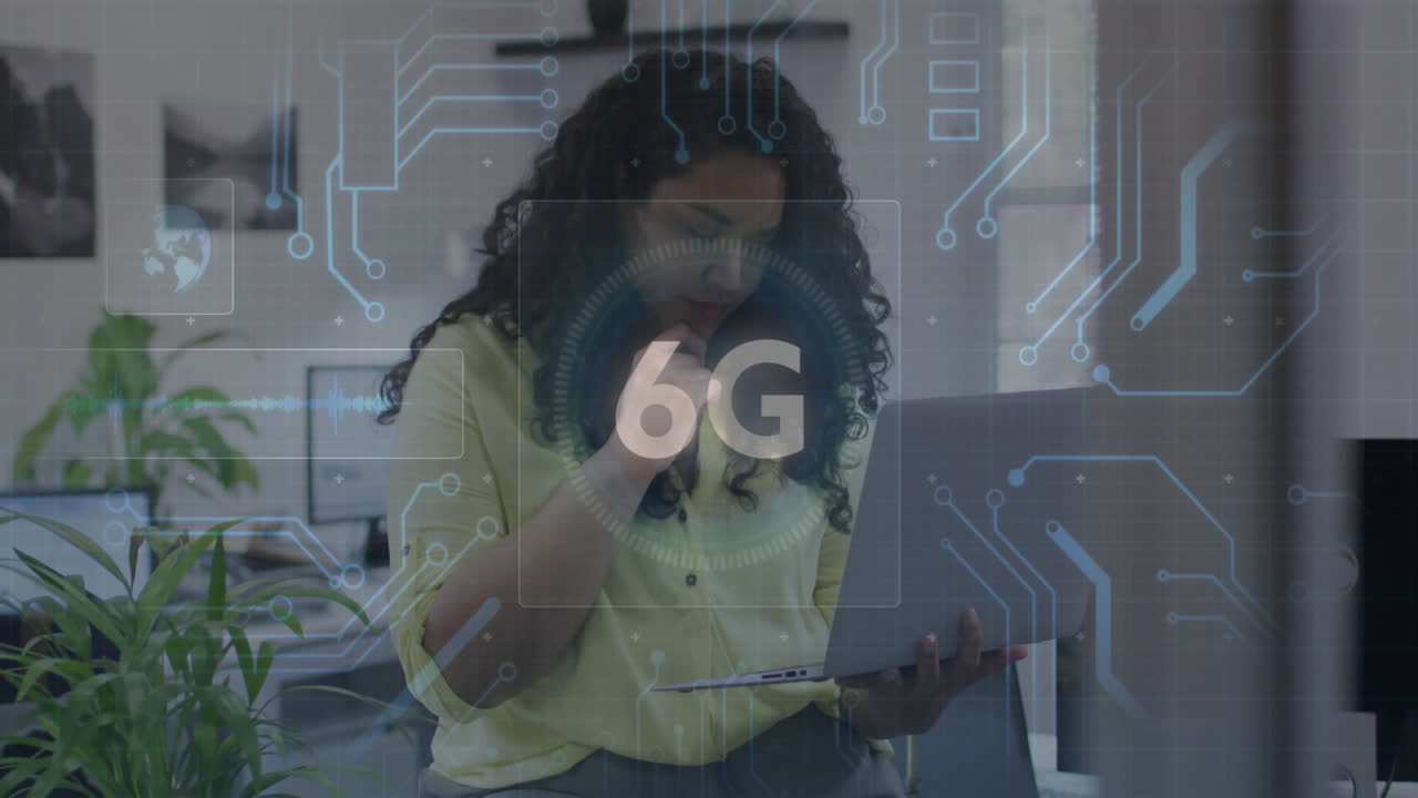 6G technology animation over woman using laptop in modern office