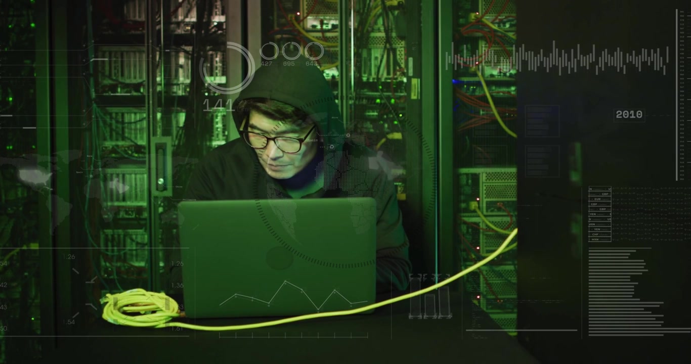 Male tech spotting rack alert, typing laptop, debugging net with yellow cable, green HUD overlaying