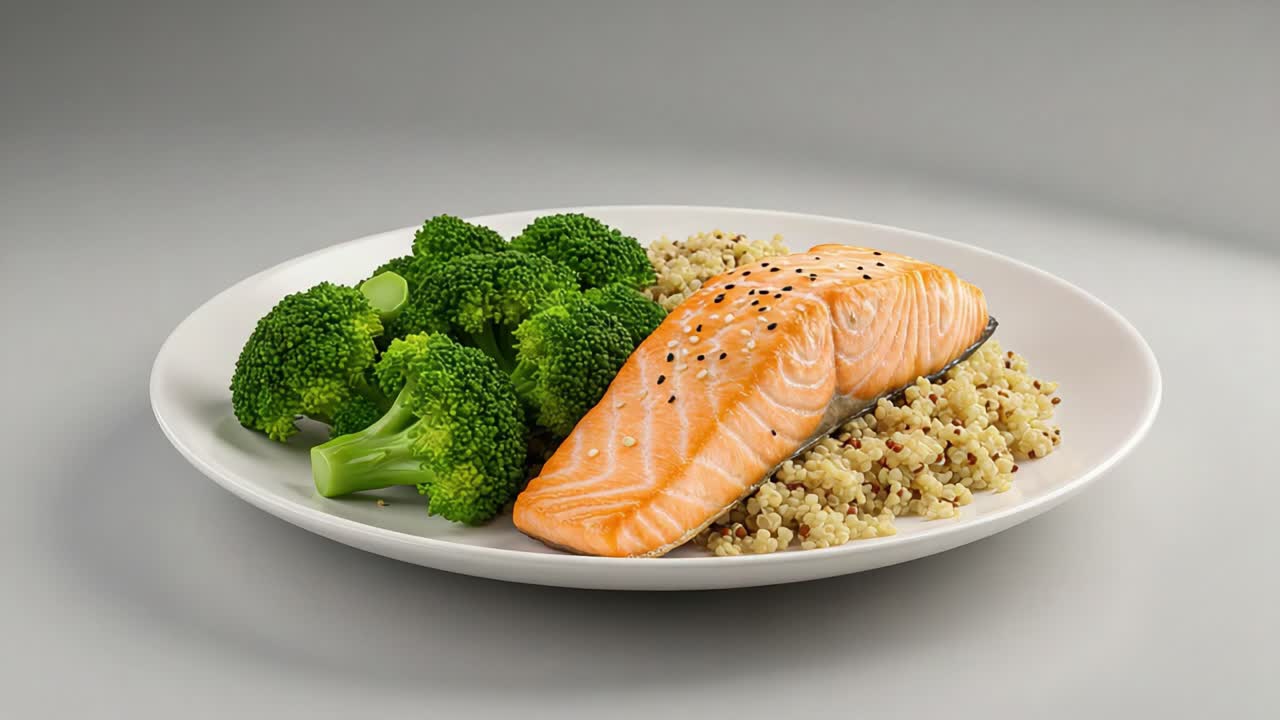 Un delizioso piatto di salmone grigliato, broccoli freschi e quinoa soffice presentato in modo perfetto per un'alimentazione sana e un equilibrio nutrizionale