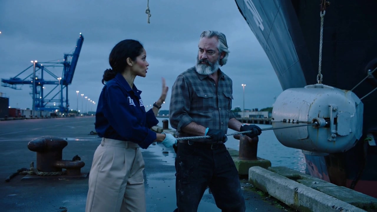 Signalling gloved woman in jacket guiding gloved man pulling mooring rope, placing fender at quay
