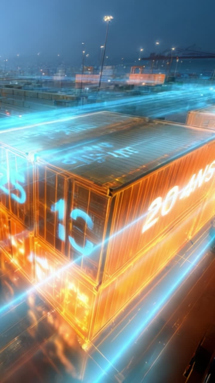 夜間の貨物ヤードにある照明された輸送コンテナの空撮。明るいグラフィック数字とダイナミックな光の軌跡が特徴。