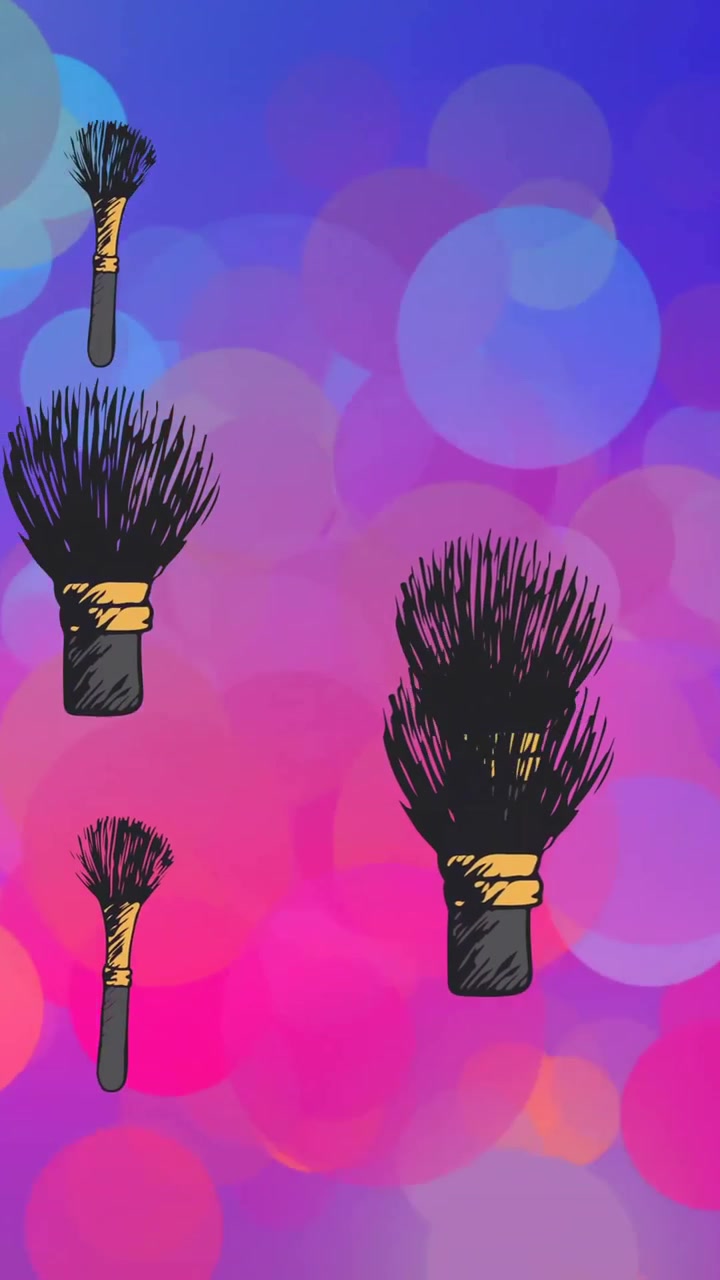 Animation af makeup-pudderbørster over blå og lyserøde lyspletter.