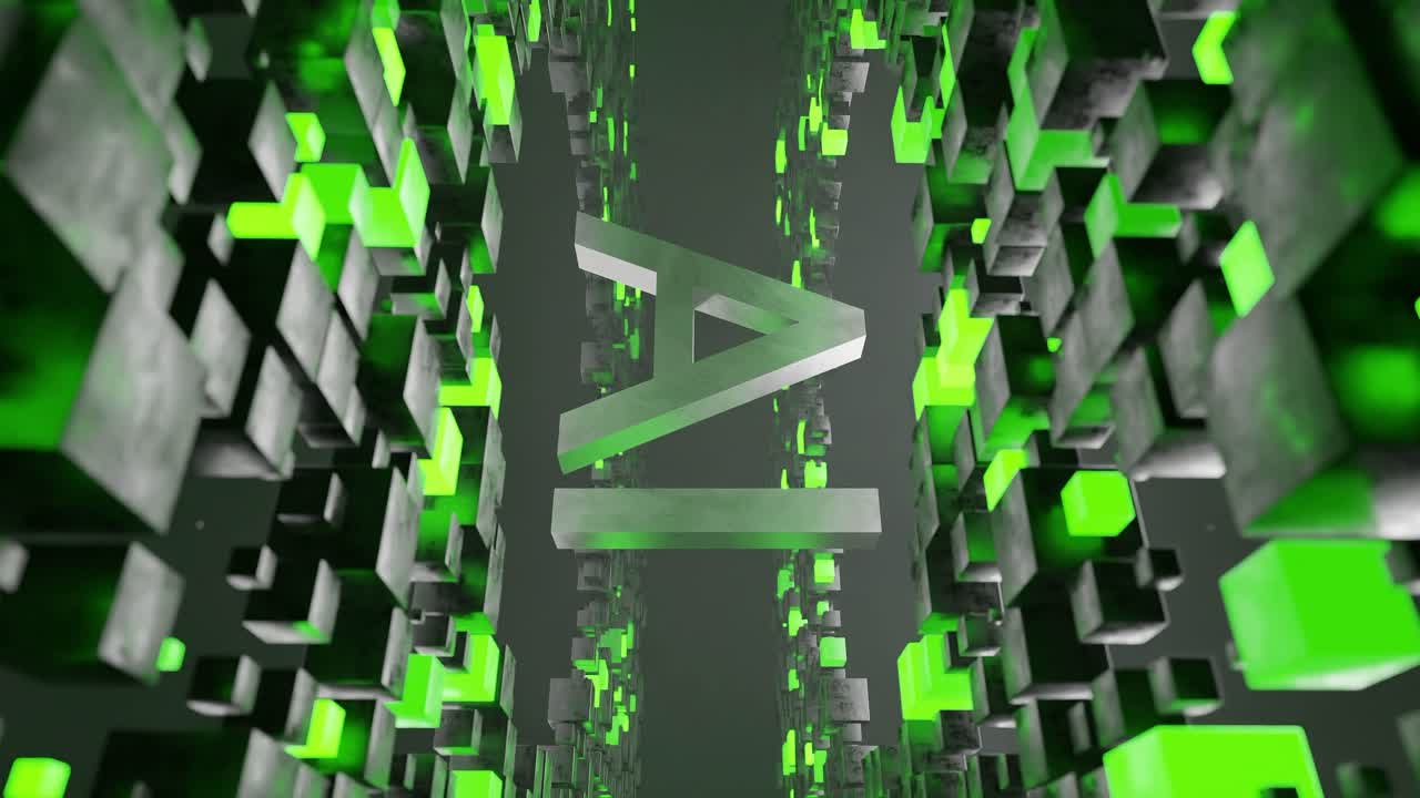 Metallic "AI" text in futuristic space surrounded by floating black and green cubes. Artificial intelligence, digital innovation and technology concept. 3D render with copy space. vertical