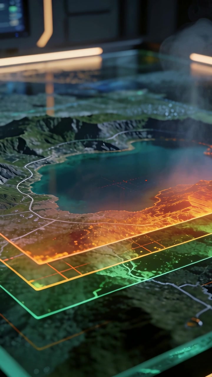 Vertical video: Panning camera revealing stacked data layers in ops room, heatmap marking hotspots