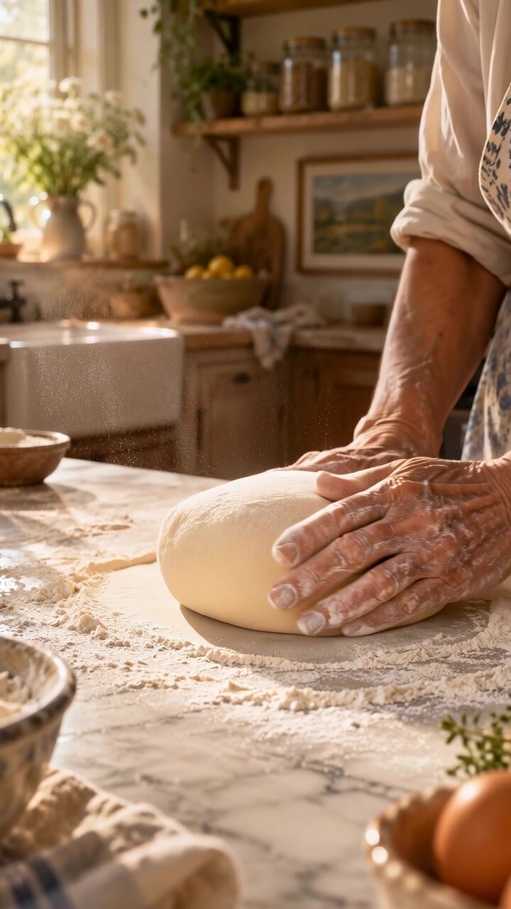 Flour-covered hands repeatedly press, fold, and turn smooth dough on a floured worktop, while bowl and eggs remain nearby in softly lit home kitchen surroundings.