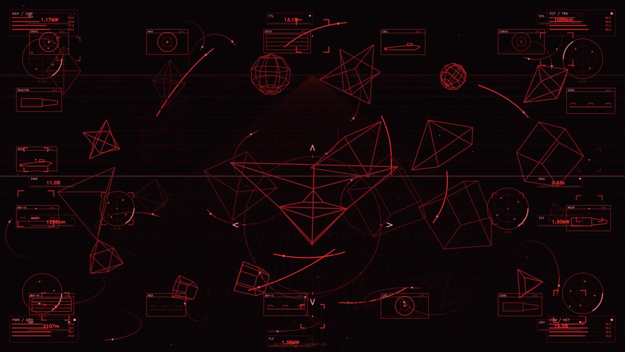 A sophisticated red monochromatic HUD display featuring a complex array of tactical telemetry, including flight data, target tracking, and power levels. Wireframe polyhedral shapes rotate and shift wi