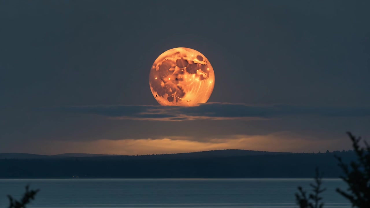 Lua cheia laranja em descida, alinhando-se com um banco de nuvens enquanto a Terra gira na margem, refletindo no lago