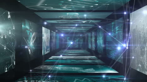 glowing screens and data projections creating animation in futuristic digital tunnel