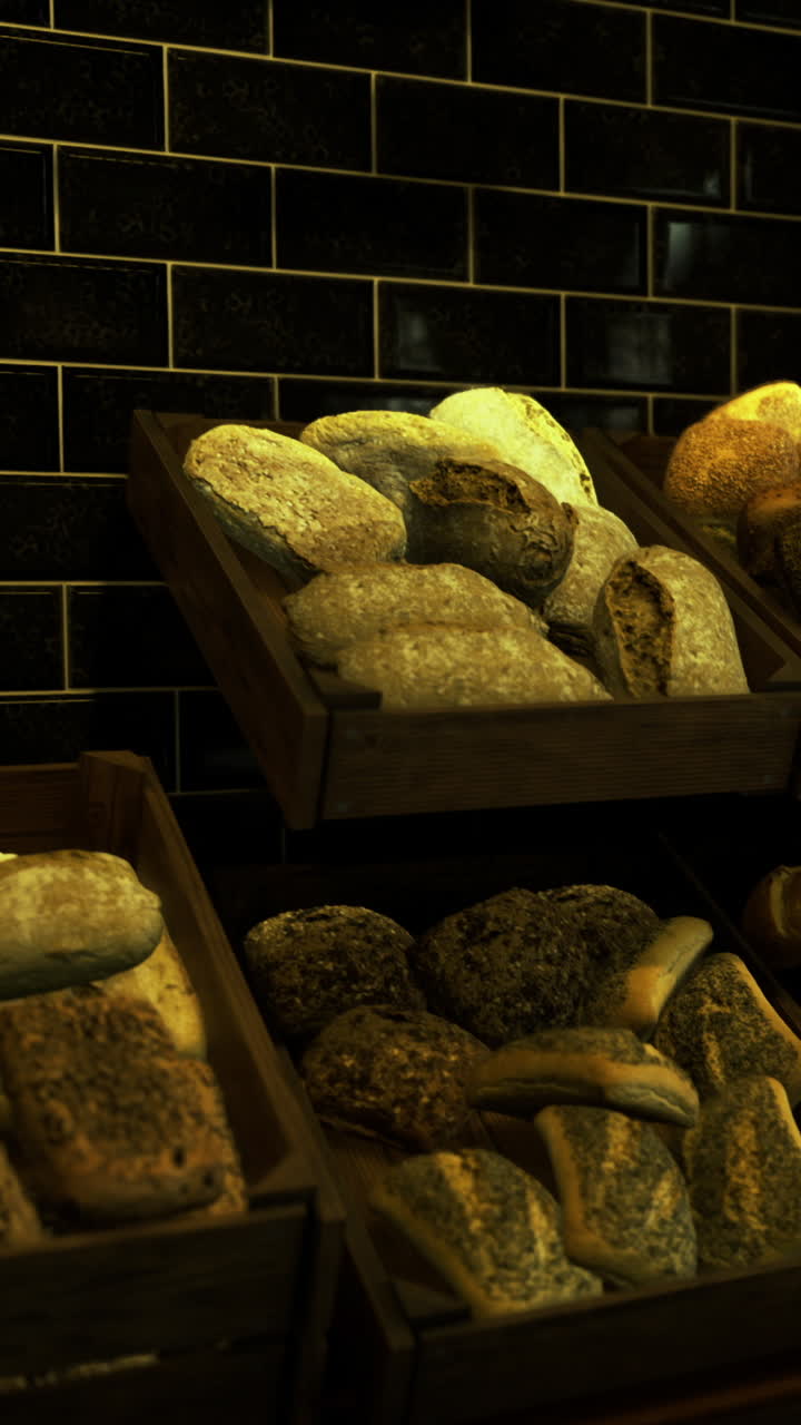 Freshly baked bread displayed on wooden shelves in a bakery during daytime