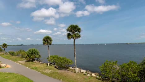 río indio cerca de la ciudad de titusville florida en una hermosa mañana con palmeras y nubes