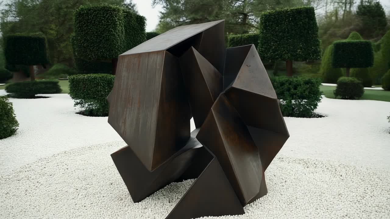 Moving camera circling abstract metal sculpture in garden, revealing rusted texture