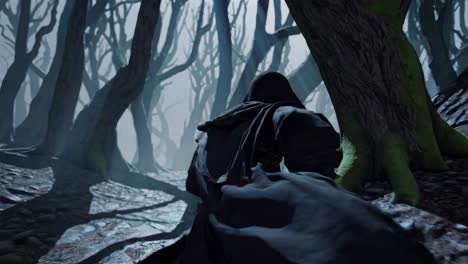 a figure running through a dark and foggy forest