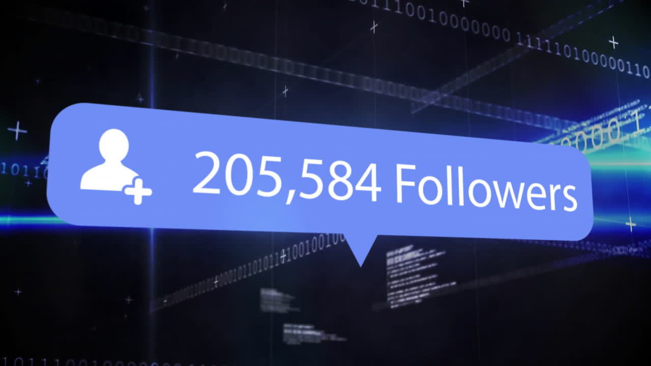 Animation of social media followers and numbers over binary coding data processing