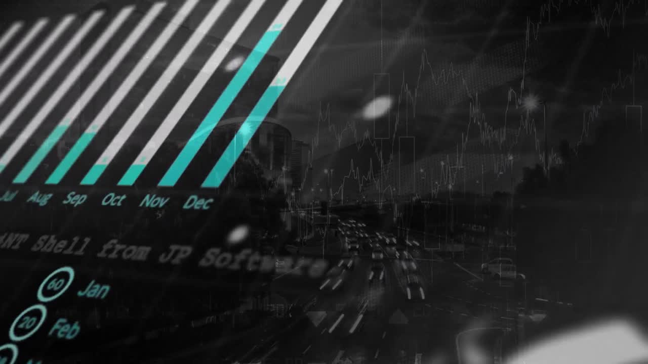 도시 풍경 위의 데이터 처리 애니메이션