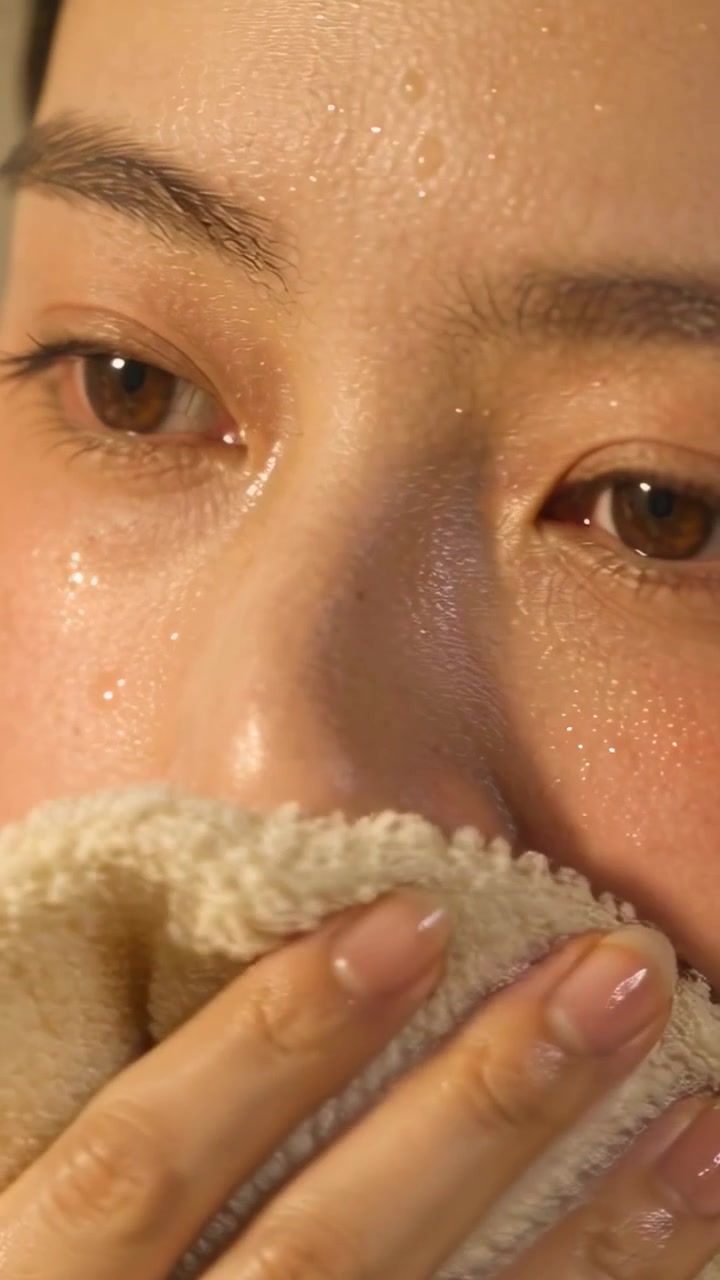 Vertical video: Pressing woman dabbing towel to cheek at home as towel entering left, drying tears