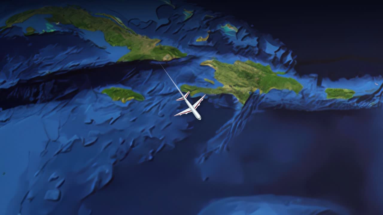 Satellite map animation tracks a commercial airplane flying from Miami Florida to Sao Paulo Brazil