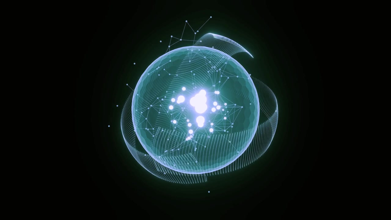 Abstract Digital Sphere with Glowing Network and Rotating Rings