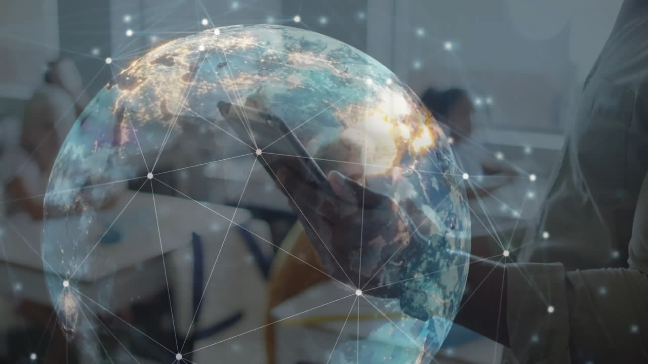 Digital globe and data animation over people using smartphone in classroom
