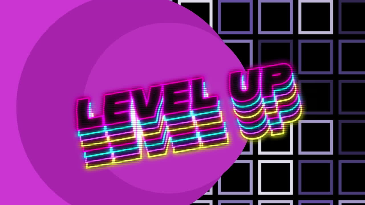 무 없는 모양의 사각형 모양에 대한 보라색 원형 배너에 네온 레벨 업 텍스트의 애니메이션