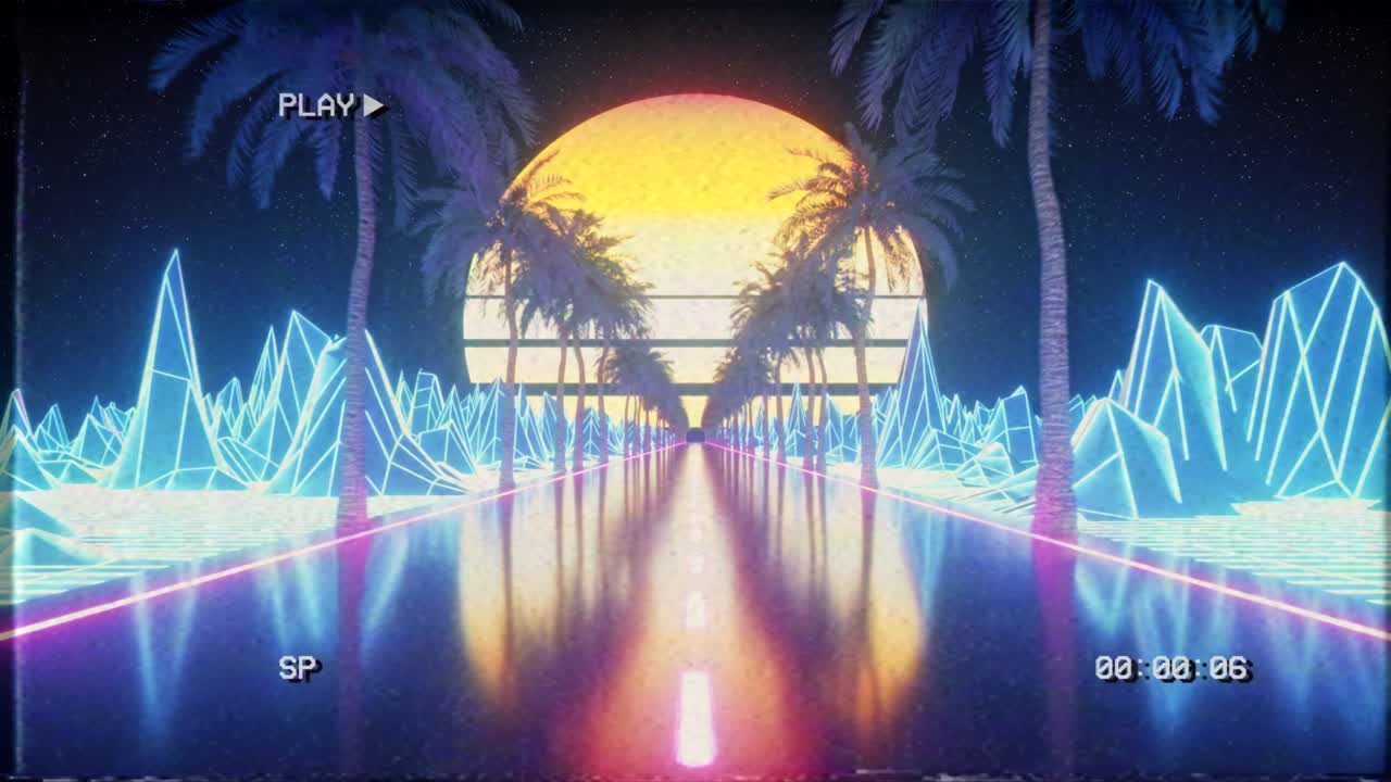 80년대의 레트로 퓨처리즘 sf 시리스 루프, 레트로 웨이브 vj 비디오 게임 풍경, 네온 조명 및 낮은 폴리 지형 그리드, 산, 태양 및 별과 함께 스타일화 된 빈티지 vaporwave 3d 애니메이션 배경.