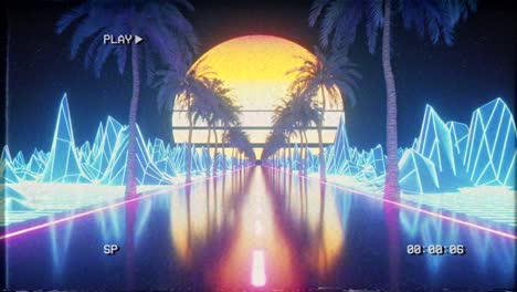 80s retro futurista ciencia ficción bucle sin costuras. retrowave vj paisaje de videojuego, luces de neón y cuadrícula de terreno de bajo poli. estilizado vintage vaporwave fondo de animación 3d con montañas, sol y estrellas. 4k