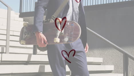 businessman climbing urban steps while holding skateboard, displaying animated finance charts