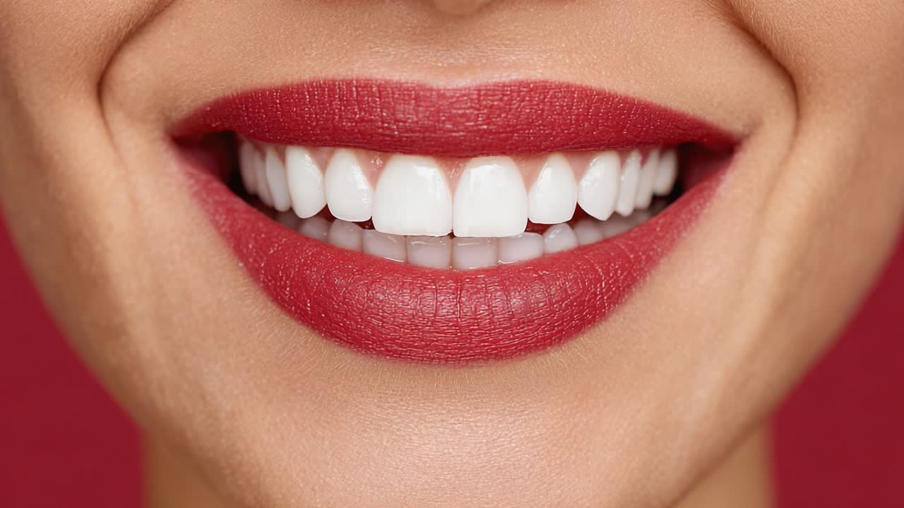 A Captivating Smile: The Distinctive Beauty of Glossy Lips and Bright Teeth Showcased in an Engaging Close-Up Frame