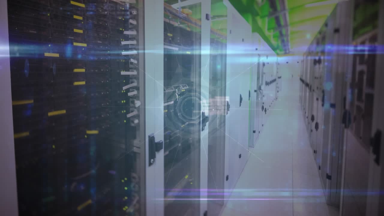 Animation of network of connections with icons, data processing over computer servers