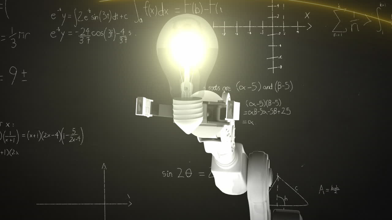 Animation of robotic arm holding a glowing bulb against mathematical equations on black background