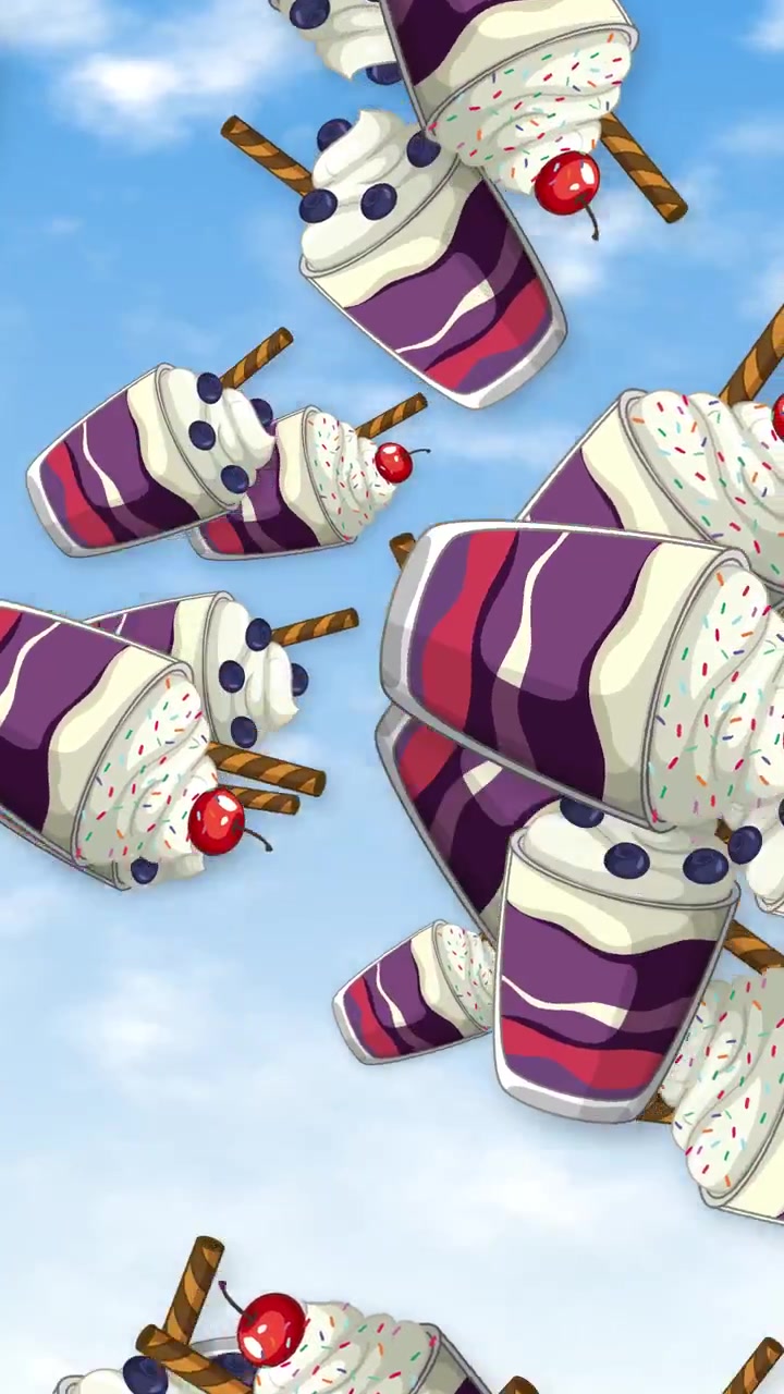 Colorful 2D animated desserts fall through a bright blue sky with soft white clouds.