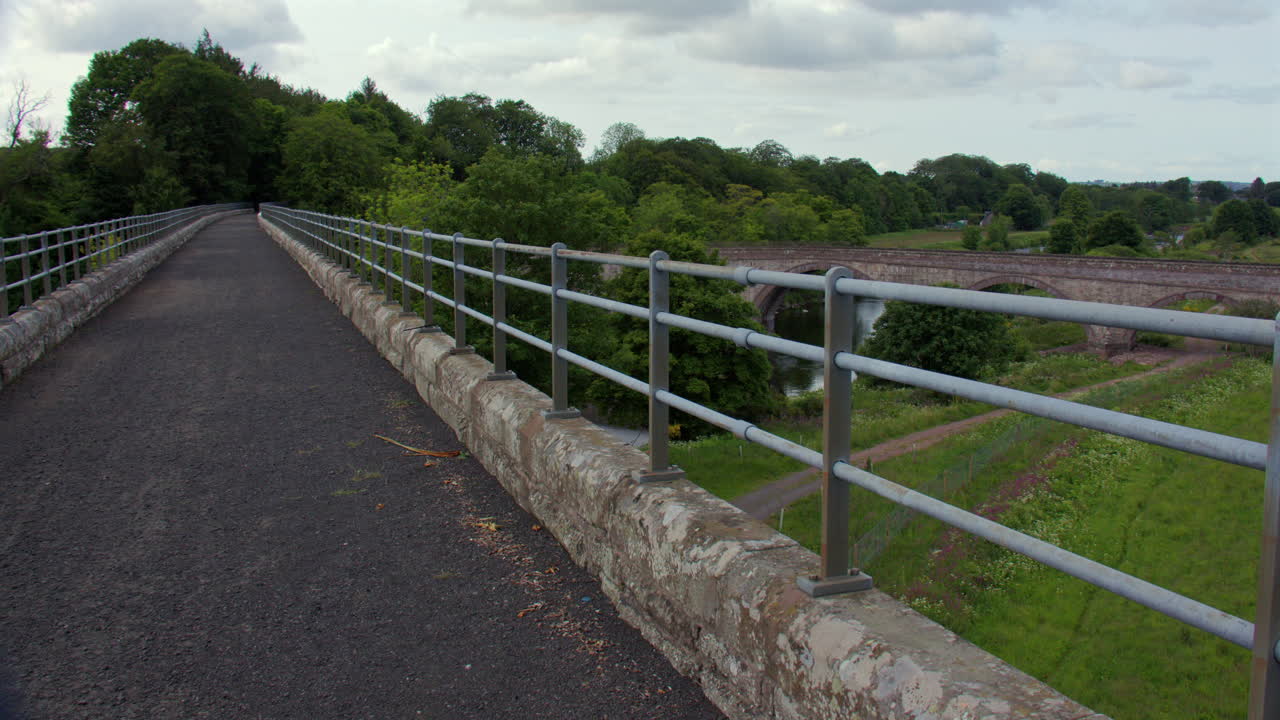 Wide shot of the cycle path on top of the North water viaduct over the river north ESK