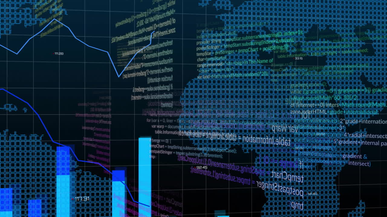 animación del procesamiento de datos sobre diagramas y mapa del mundo