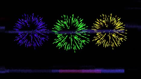 Animation-Des-Glitch-Effekts-über-Buntem-Feuerwerk,-Das-Vor-Schwarzem-Hintergrund-Explodiert