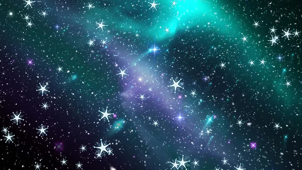 Animation of snow falling over sky with stars