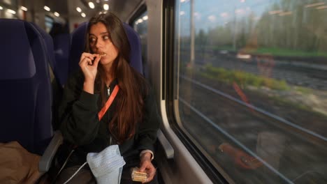 woman eating snacks on a train