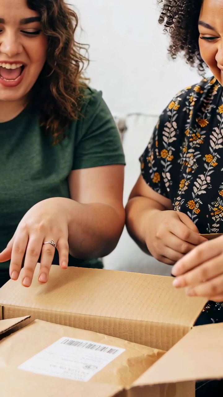 Vertical video: Tearing paper, two women in green top and floral top revealing box contents at home