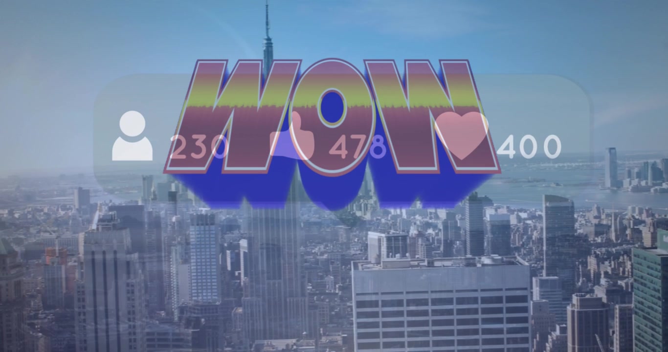 Animation de réactions "wow" et de réseaux sociaux sur un paysage urbain.