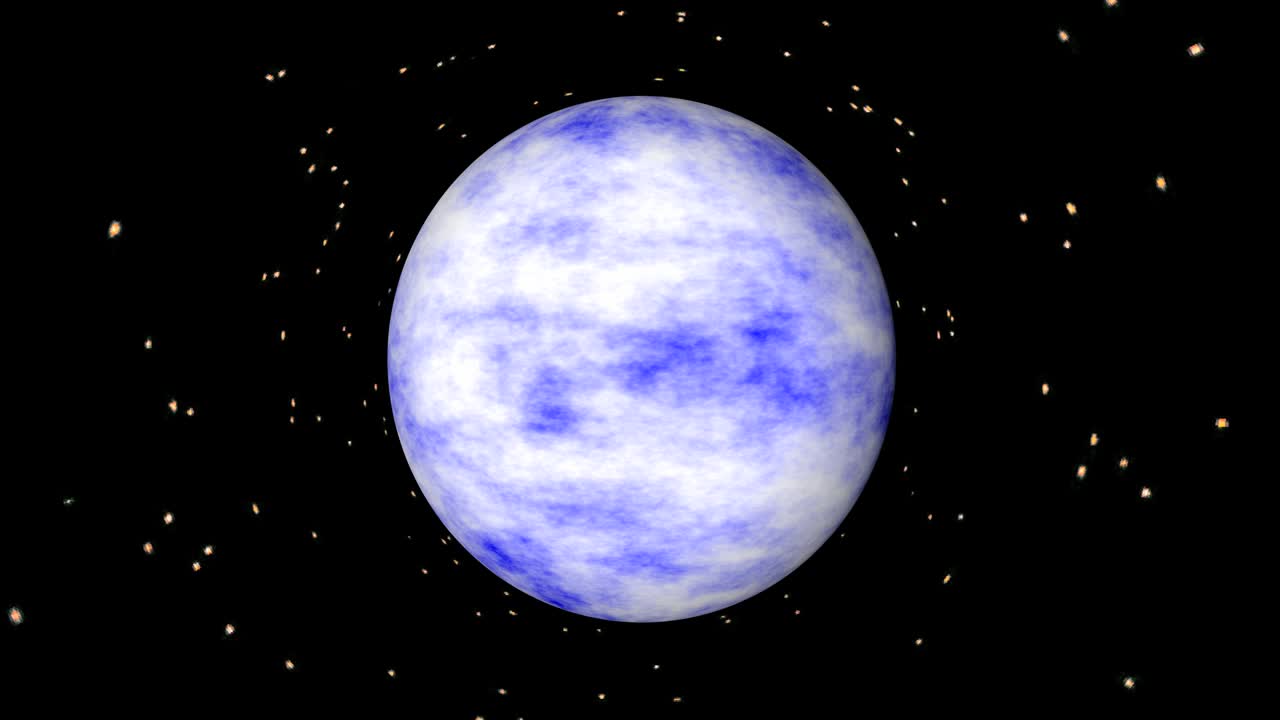 파란 행성은 별들 사이에서 공간을 돌고 있습니다.