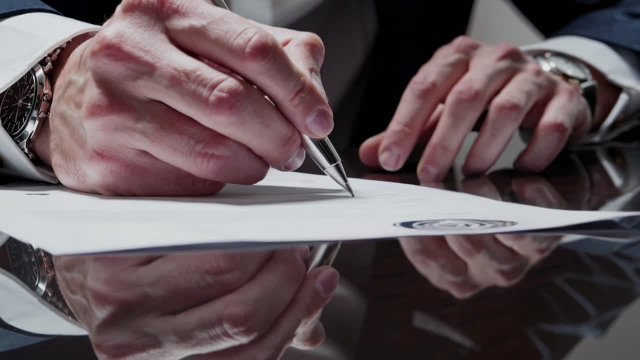 Close-up video shot of hands signing a document on a reflective table, emphasizing detail