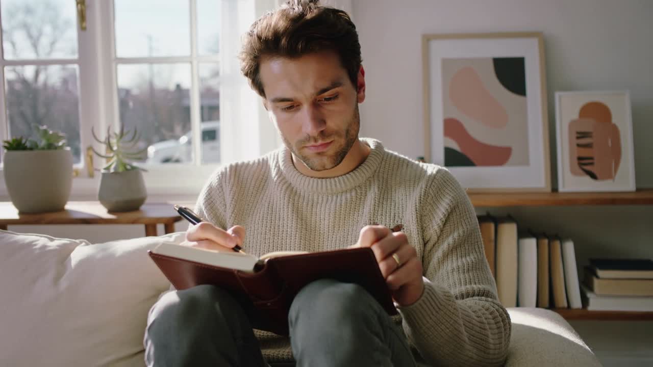 Mand åbner lædernotesbog og skriver dagbog i sofaen ved et stort vindue, iført en ribbet sweater.