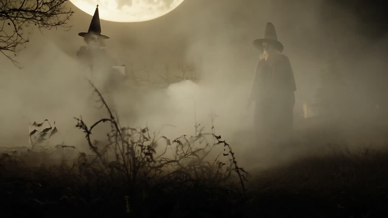 Due streghe in piedi in una foresta nebbiosa nella notte di Halloween