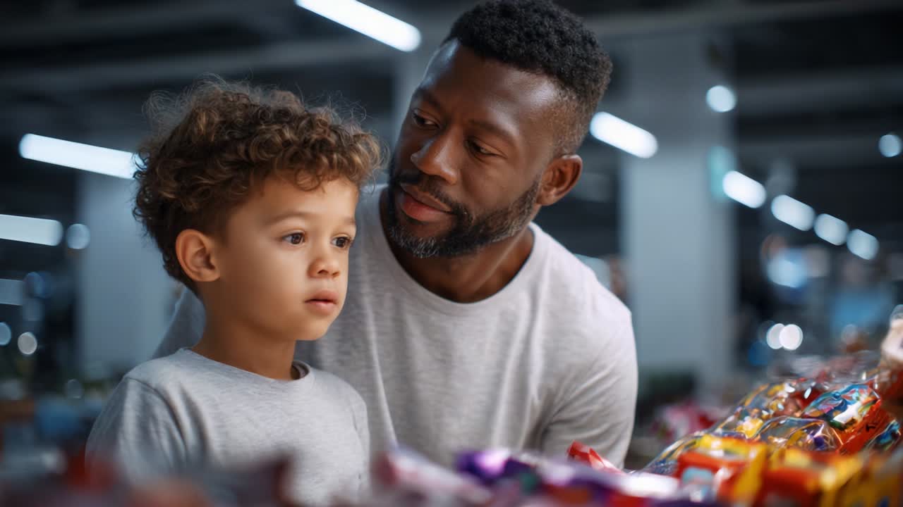 A Heartwarming Moment Between a Father and Son in a Store, Capturing the Joy and Wonder of Choosing Treats Together Amidst Colorful Candy Displays