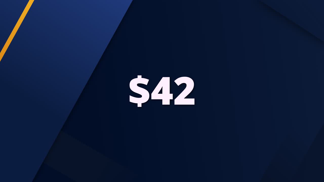 Flad design-animation, der viser en digital pris på $42. Designet til marketingvideoer, onlinebutikker eller salgskampagner.